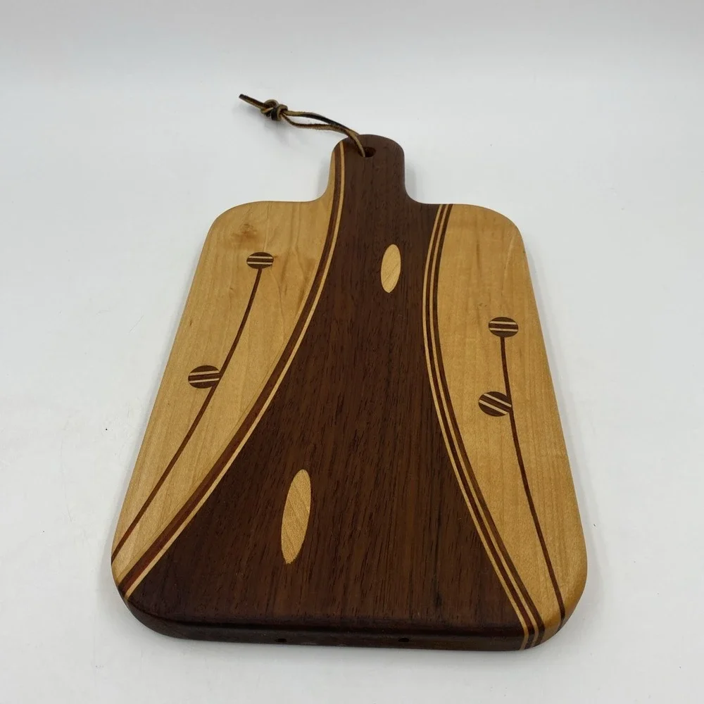 Handmade Wood Charcuterie Board Walnut Cherry Maple Small Round Inlay Cabin 6x9